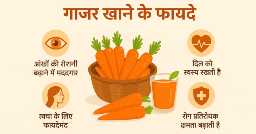 गाजर खाने के फायदे – आंखों, त्वचा और दिल के लिए लाभ